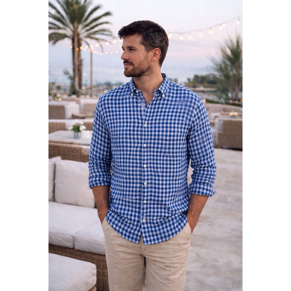Murano  100% Baird Mcnutt Linen Shirt Blue Gingham Checkered Size Large Slim Fit